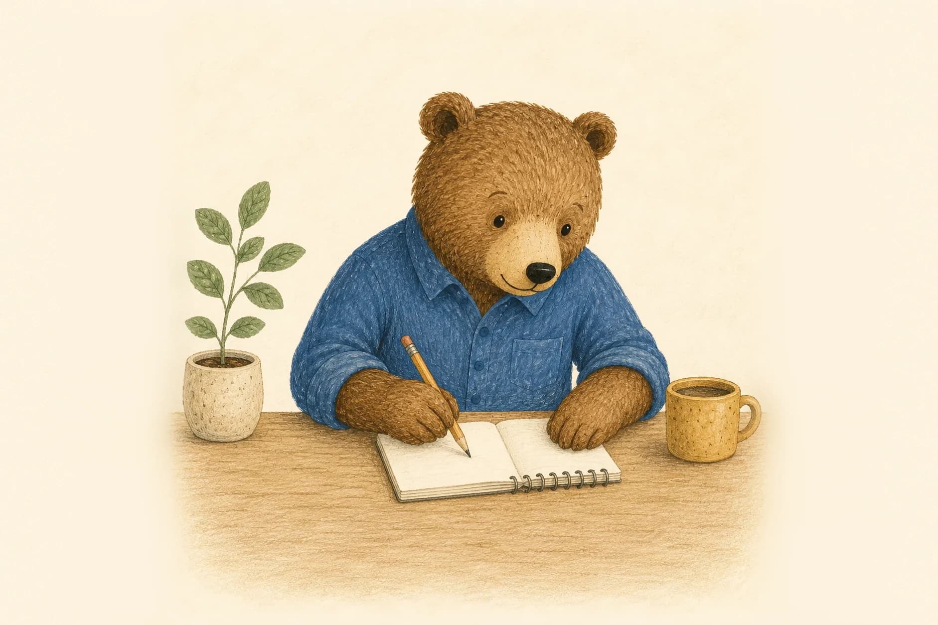 A brown bear writing in a notebook at a wooden desk.