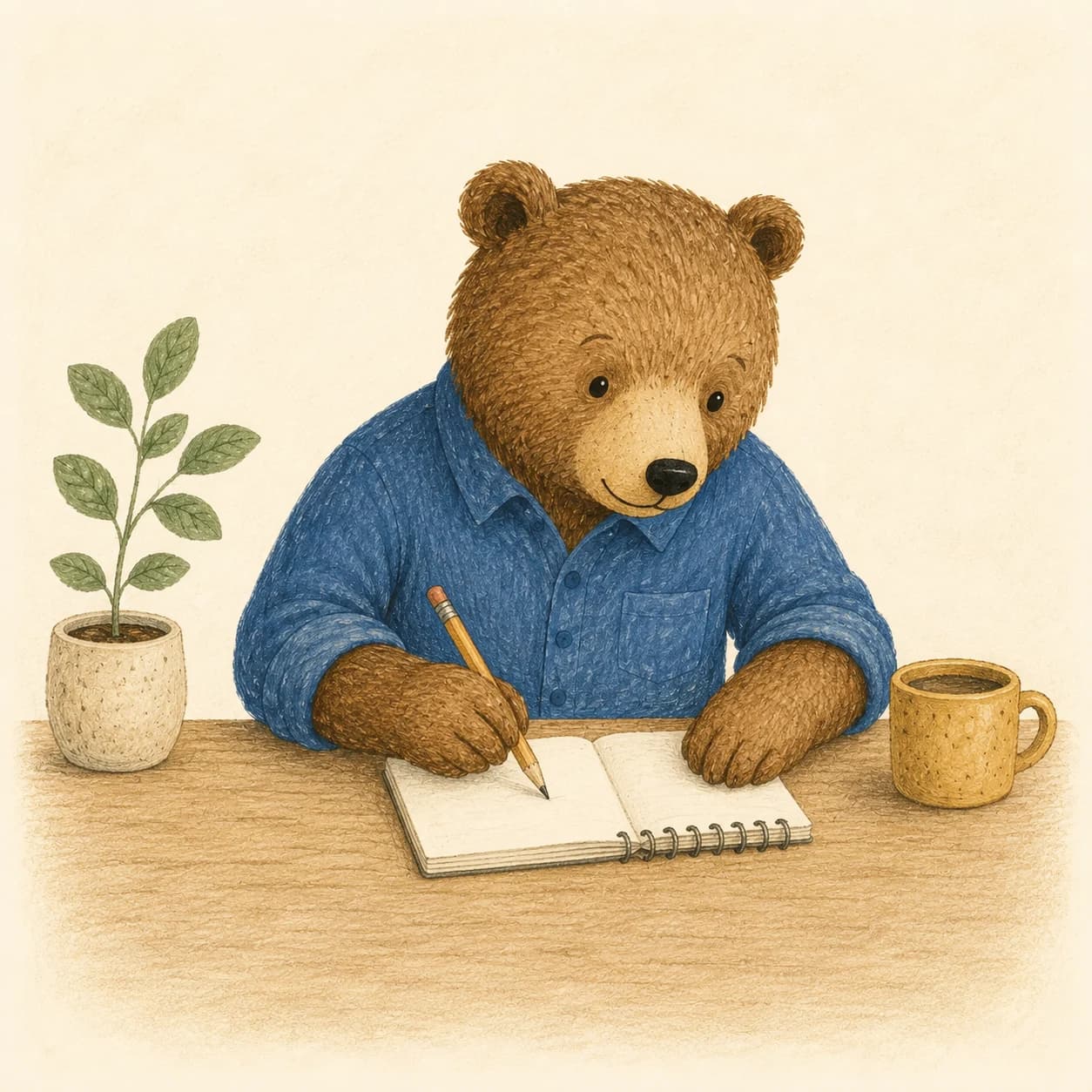 A brown bear writing in a notebook at a wooden desk.