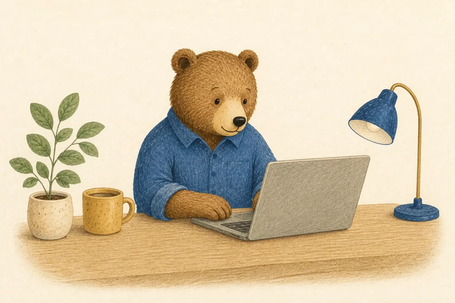 A brown bear in a blue shirt working at a laptop.