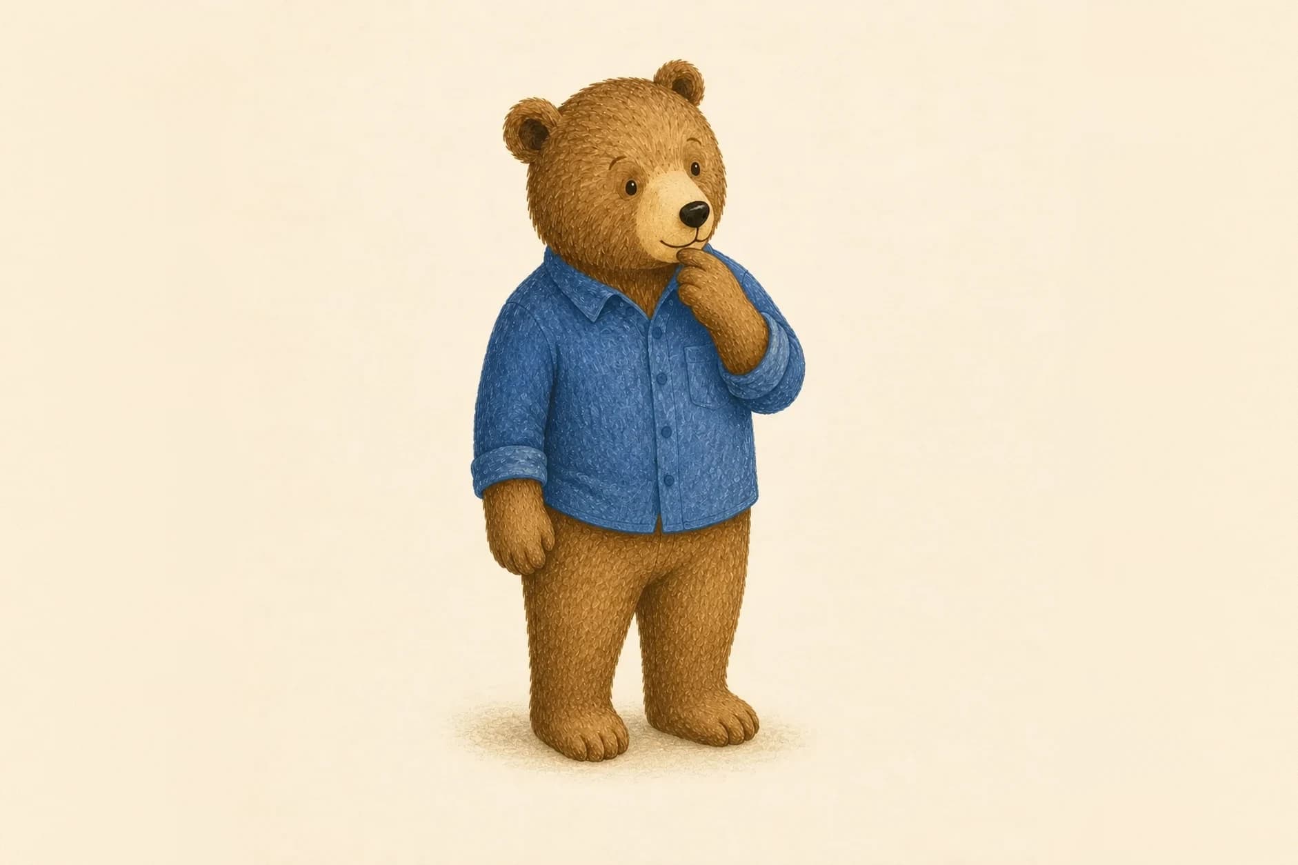 A brown bear pausing thoughtfully with a paw at its chin.