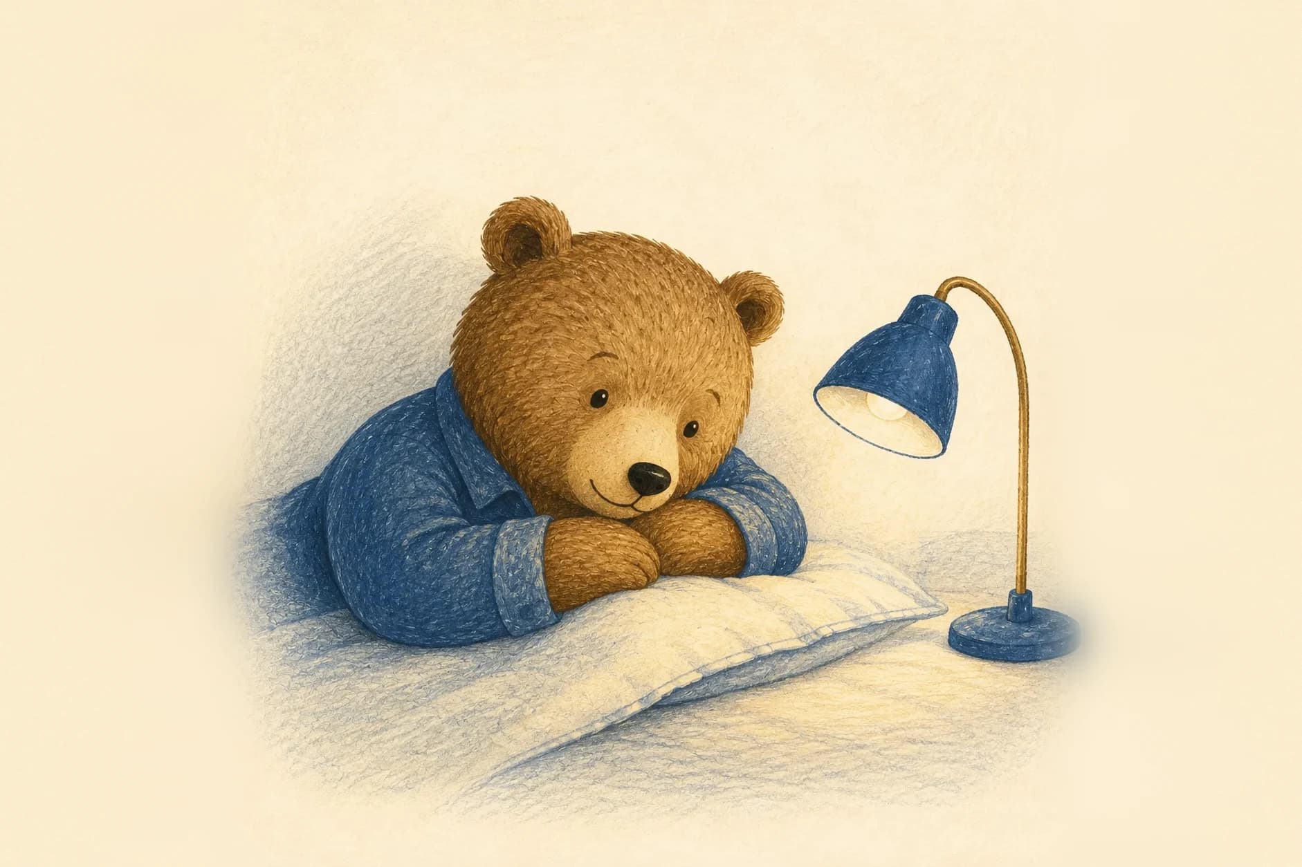 A brown bear in a blue shirt resting beside a desk lamp.