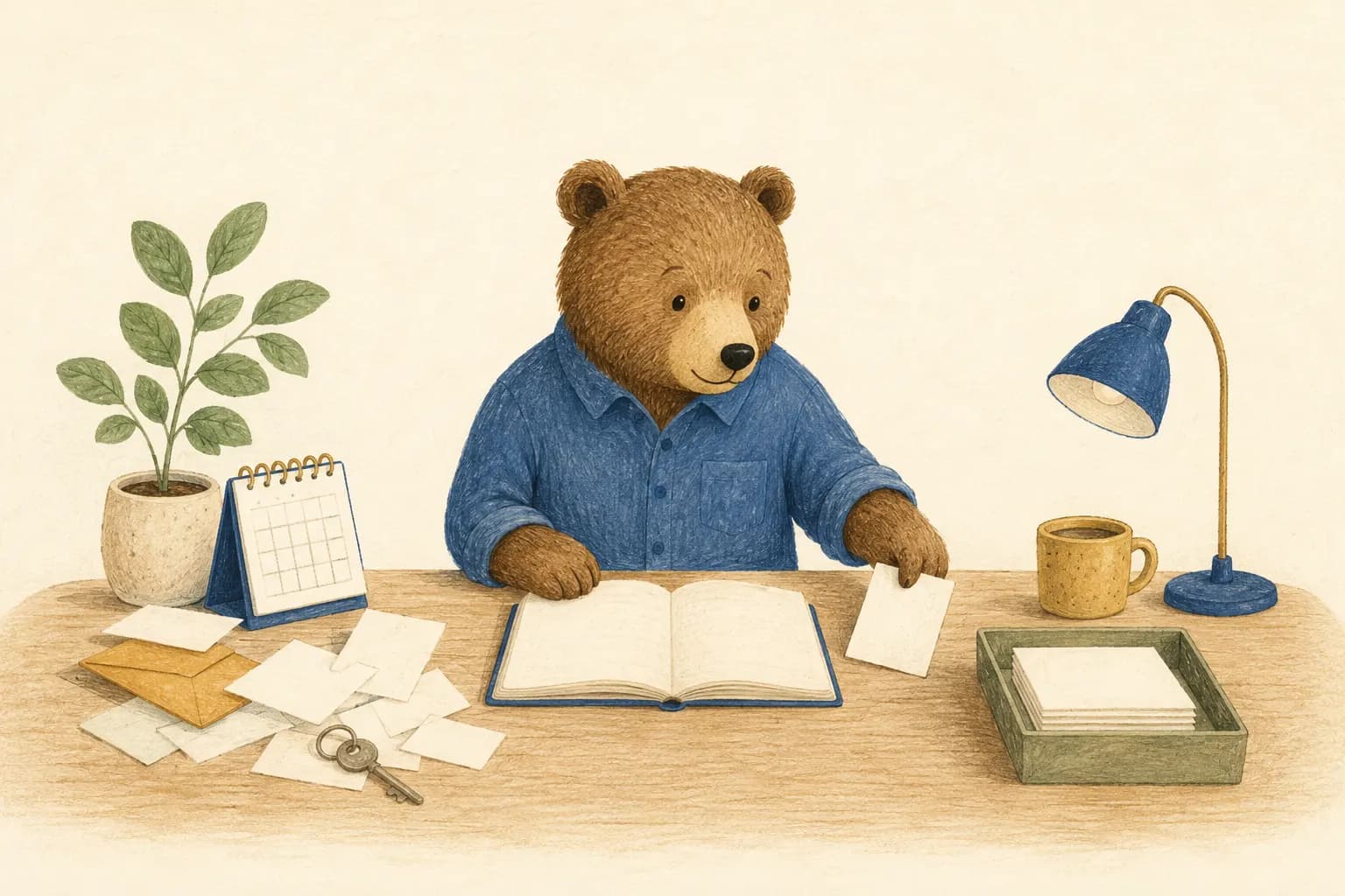 A bear sorting loose papers into one neat task tray