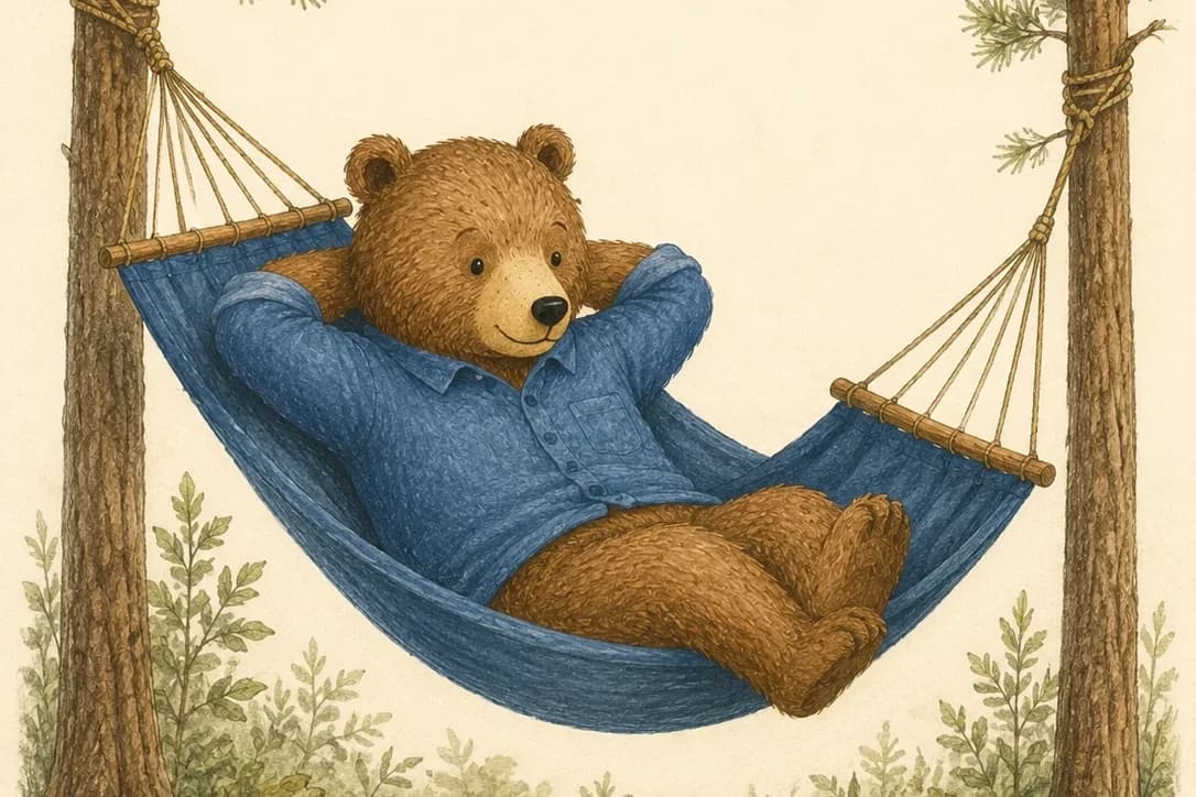 A brown bear resting in a hammock between pine trees.