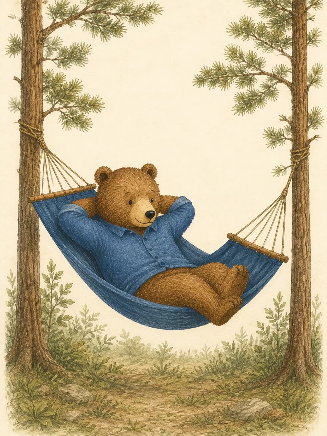 A brown bear resting in a hammock between pine trees.