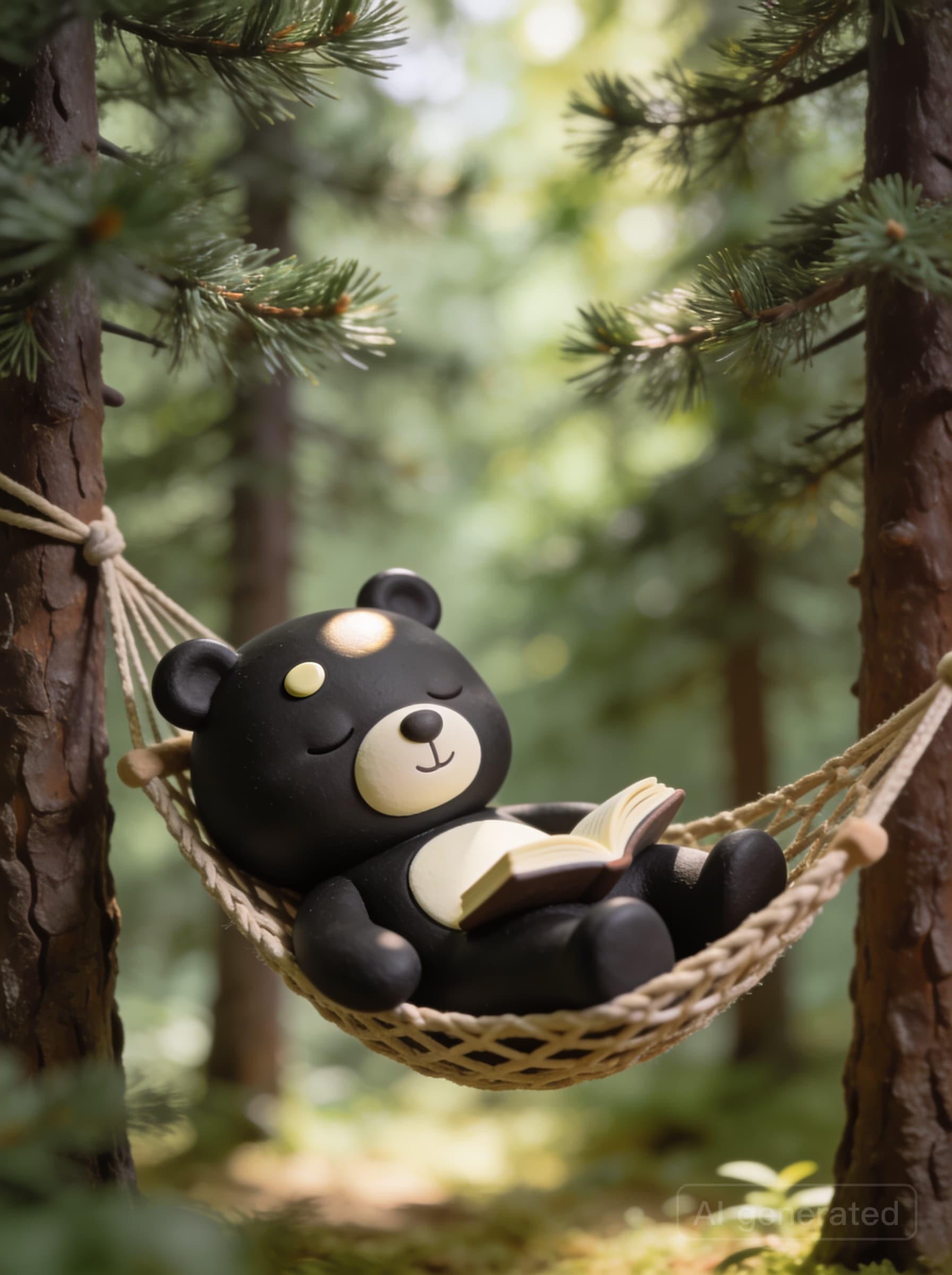 The Done Bear character napping in a hammock between pine trees