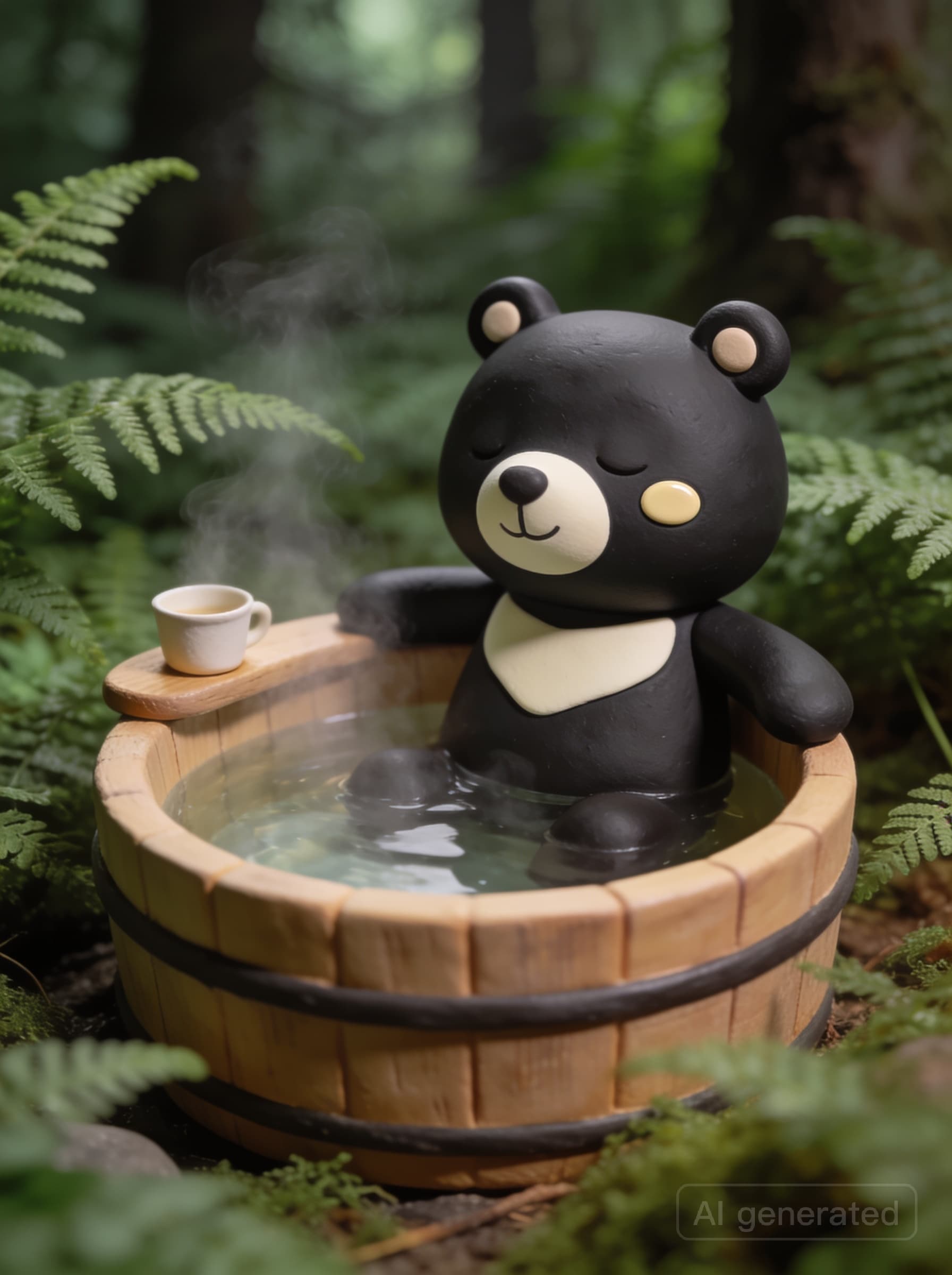 The Done Bear character soaking in a hot spring in a ferny clearing