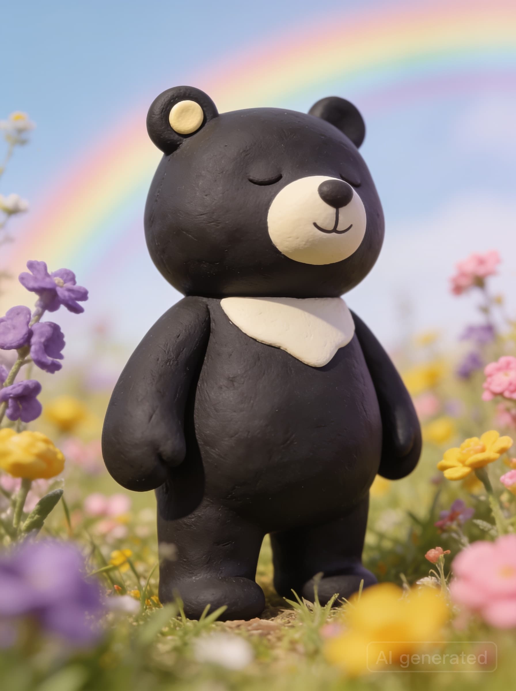 The Done Bear character in a wildflower meadow beneath a rainbow