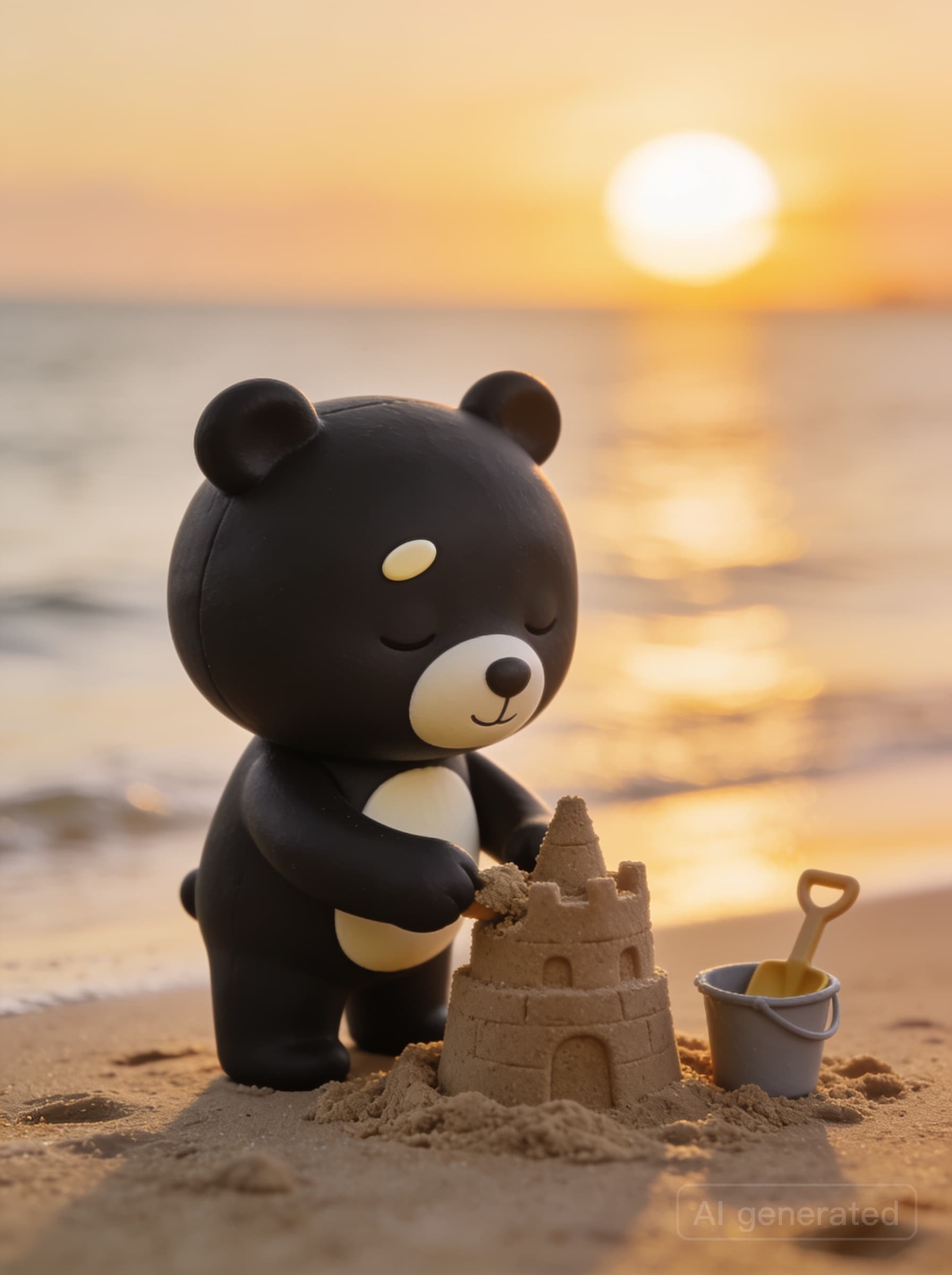 The Done Bear character building a sandcastle at sunset